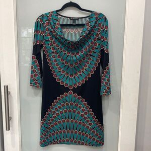 INC International Concepts Women's Peacock Printed Cowl Neck Dress 3/4 S